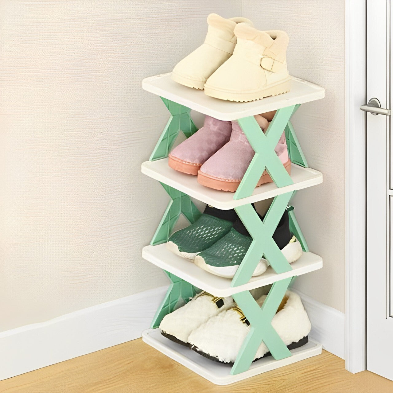 Plastic 4 Layer Foldable Shoe Rack – Space-Saving Storage Solution (Multicolor)