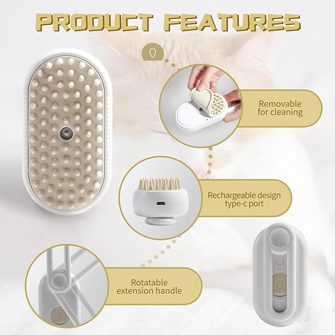 3-in-1 Steam Brush with Steamer – Pet Grooming Tool for Cats, Dogs & More
